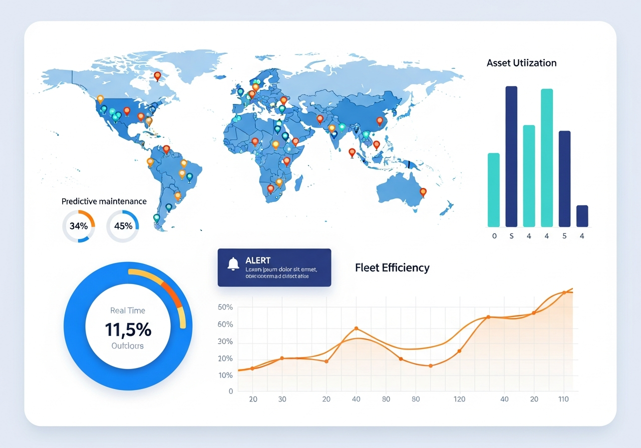 AI analytics dashboard showing asset locations, utilization statistics and alerts