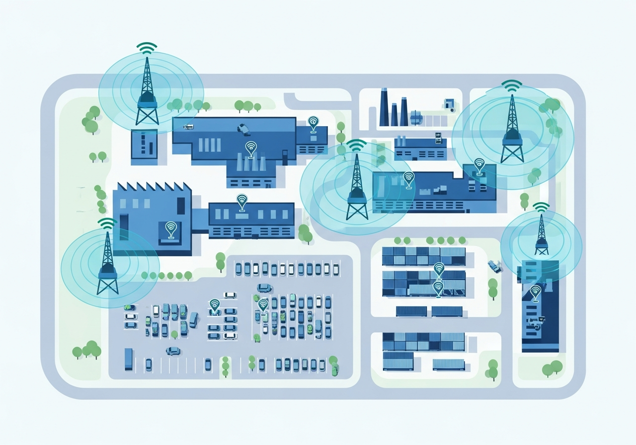 Industrial campus with IoT tracking coverage showing vehicles, tools and equipment