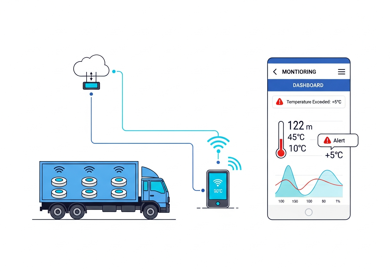 Cold chain monitoring with IoT sensors, refrigerated truck and temperature dashboard