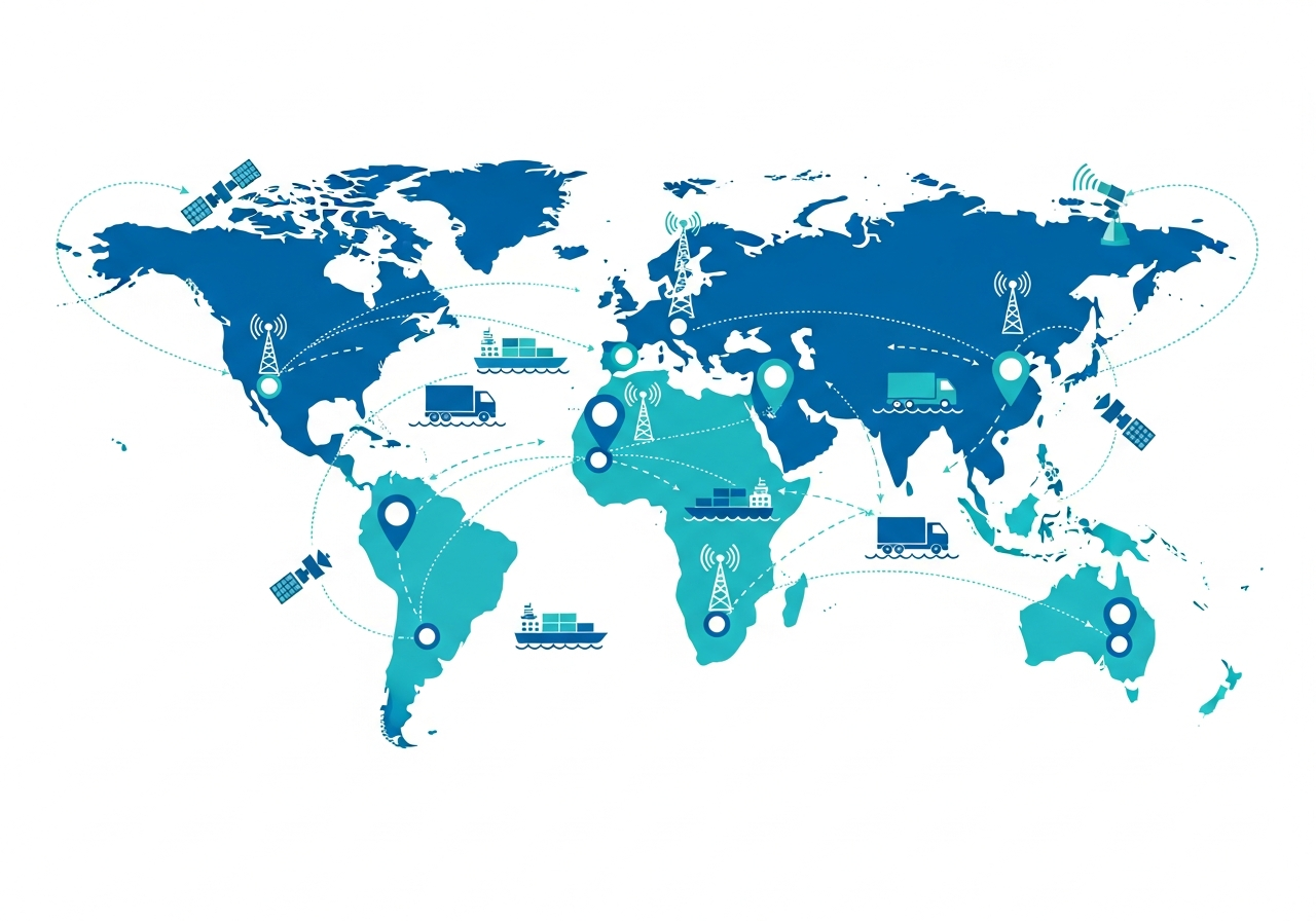 Global asset tracking map showing worldwide logistics and satellite coverage