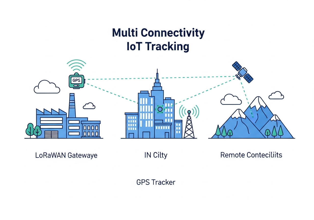 Multi-connectivity IoT tracking across factory, city and remote environments